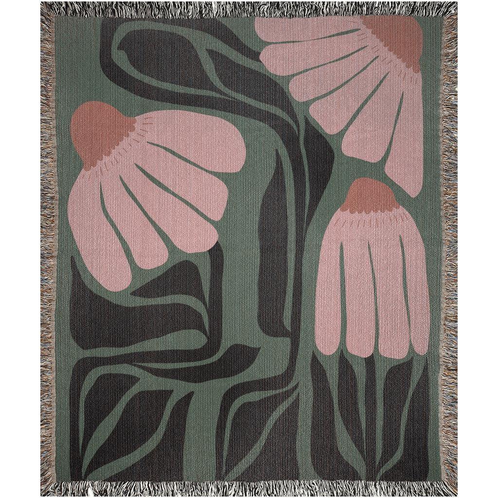 Green And Pink Matisse Flowers Woven Cotton Throw Blankets