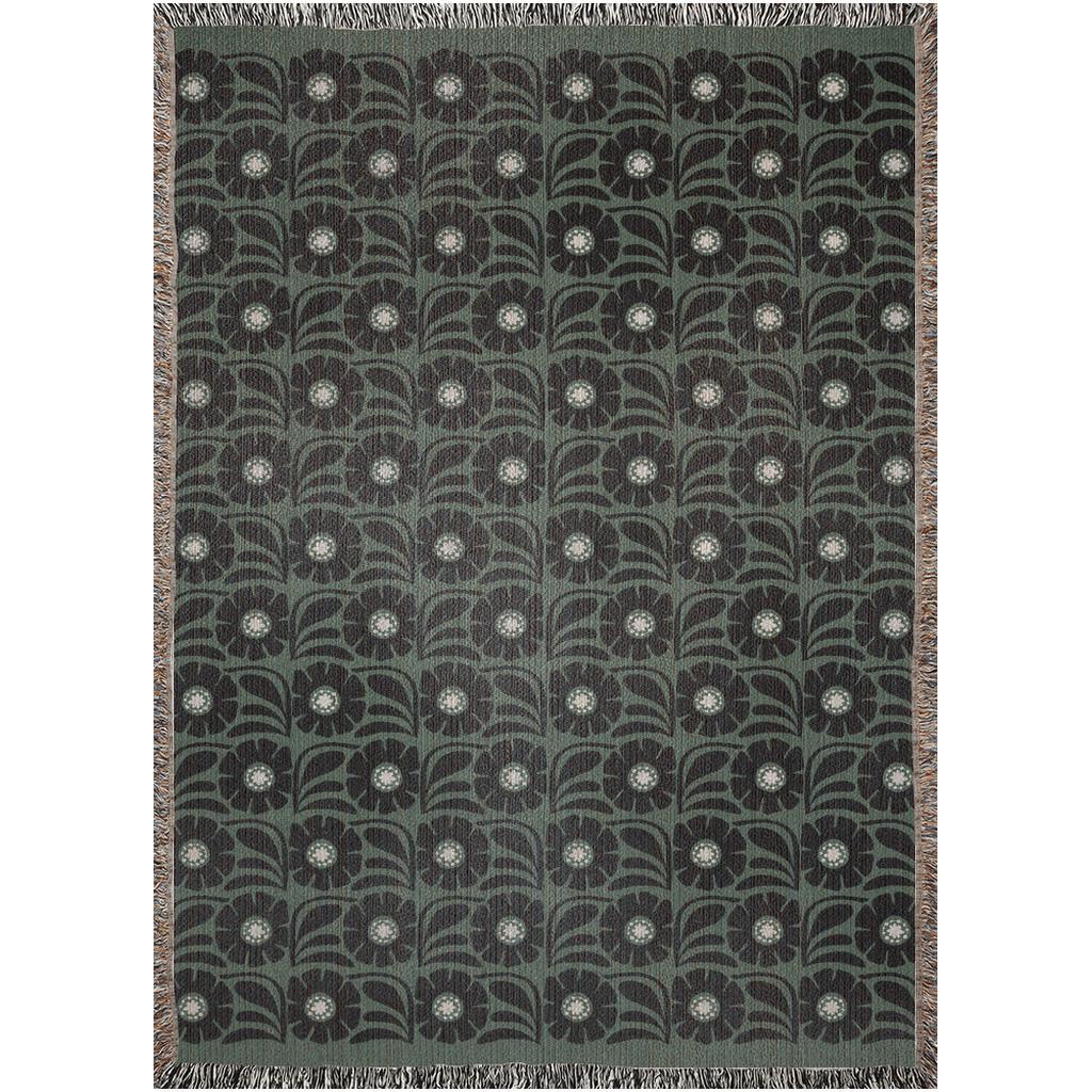 Green And Black Retro Flower Woven Cotton Throw Blankets