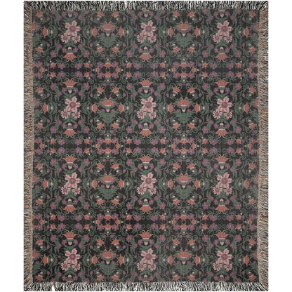 Green Black Pink Middle East Floral Pattern Woven Cotton Throw Blankets