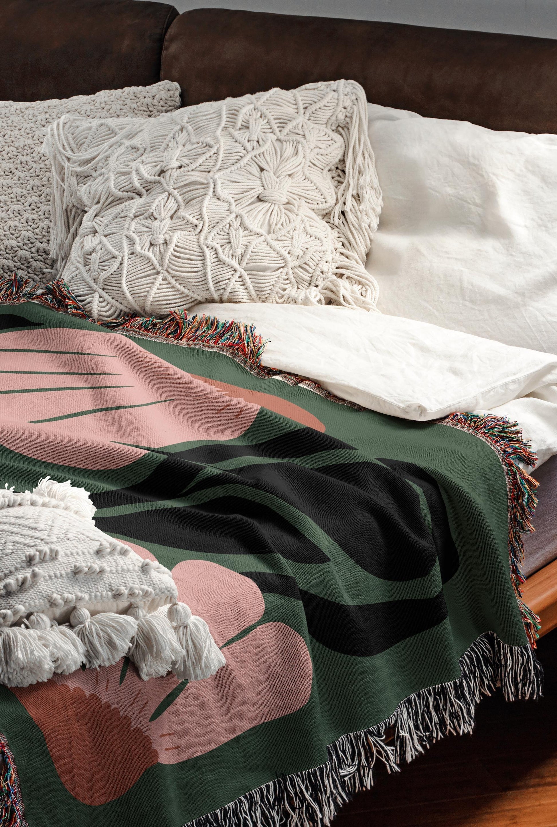 Green And Pink Matisse Flowers Woven Cotton Throw Blankets
