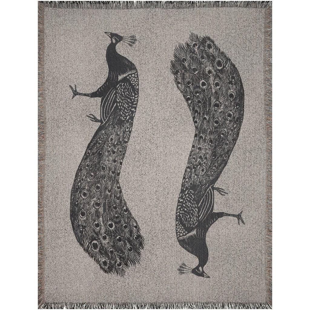 Black And Beige Linocut Peacock Woven Blankets