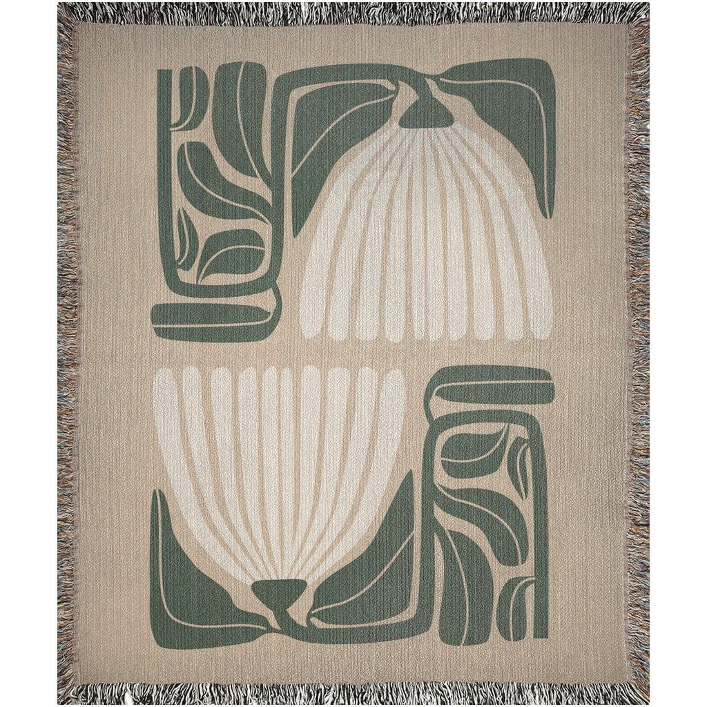 Beige Green 60s Hippie Matisse Floral Woven Blankets