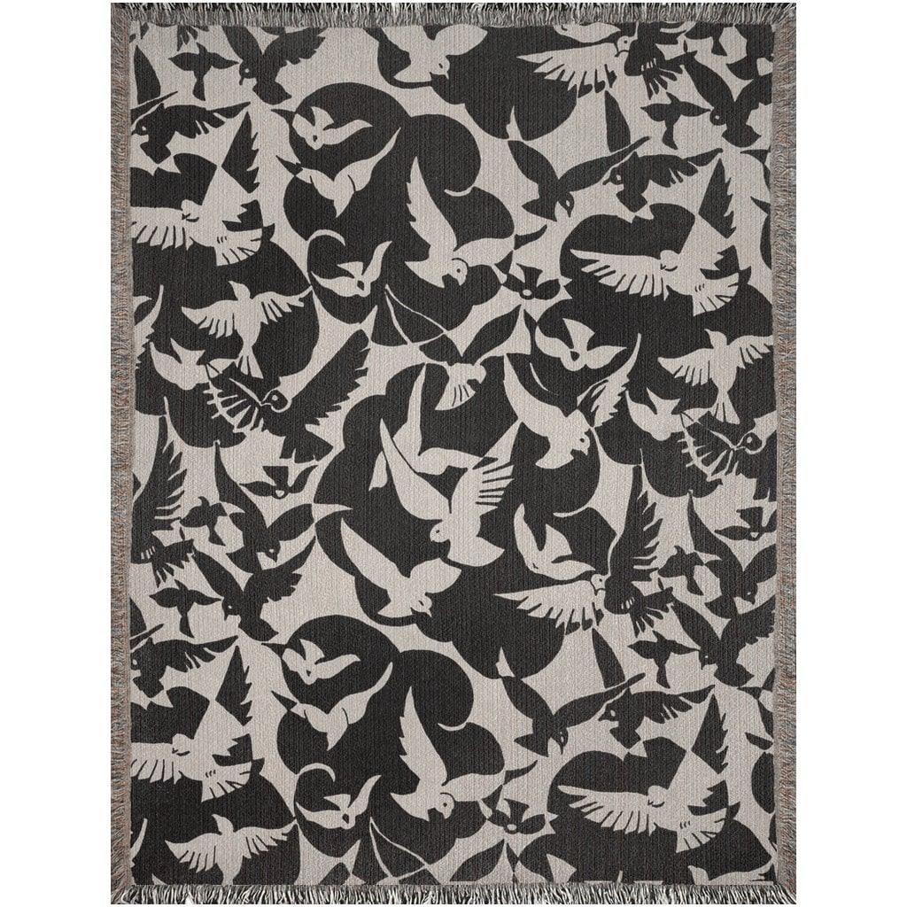 Art Deco Black And White Birds Woven Cotton Throw Blankets