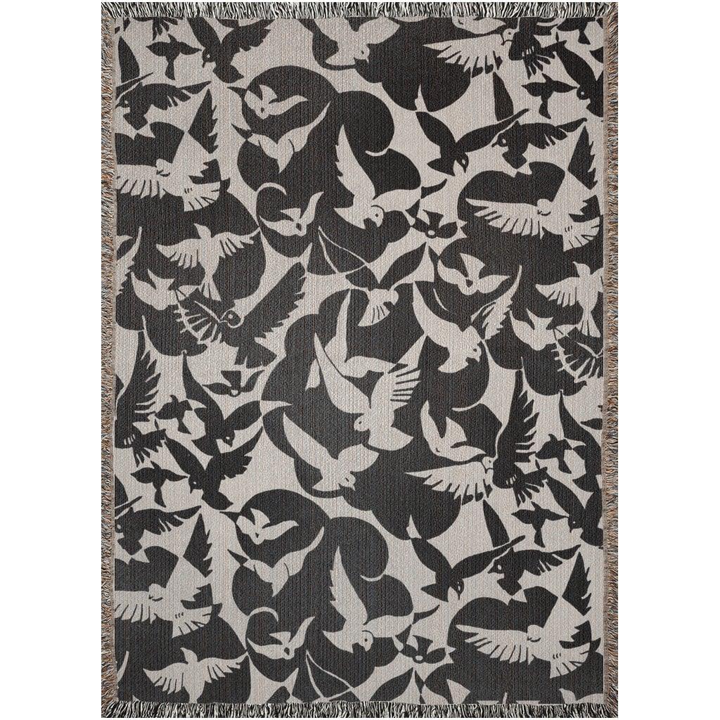 Art Deco Black And White Birds Woven Cotton Throw Blankets