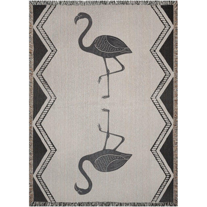 Black And Beige Art Deco Flamingo Woven Cotton Throw Blankets