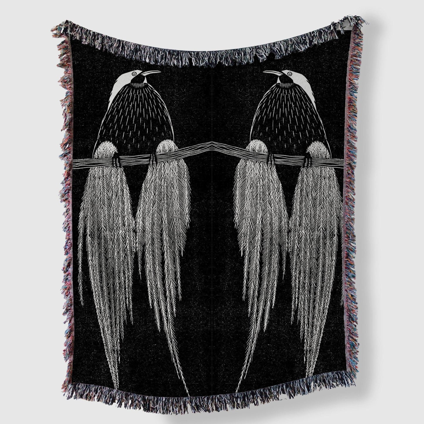 Bird Of Paradise 1920s Art Deco Black Woven Cotton Throw Blanket