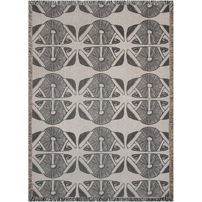 Art Deco Mushroom Frog Beige And Black Woven Cotton Throw Blankets