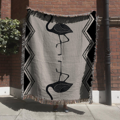 Black And Beige Art Deco Flamingo Woven Cotton Throw Blankets