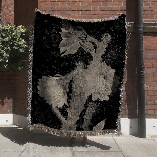 Moody Black And White Vintage Painted Flower Woven Cotton Throw Blankets