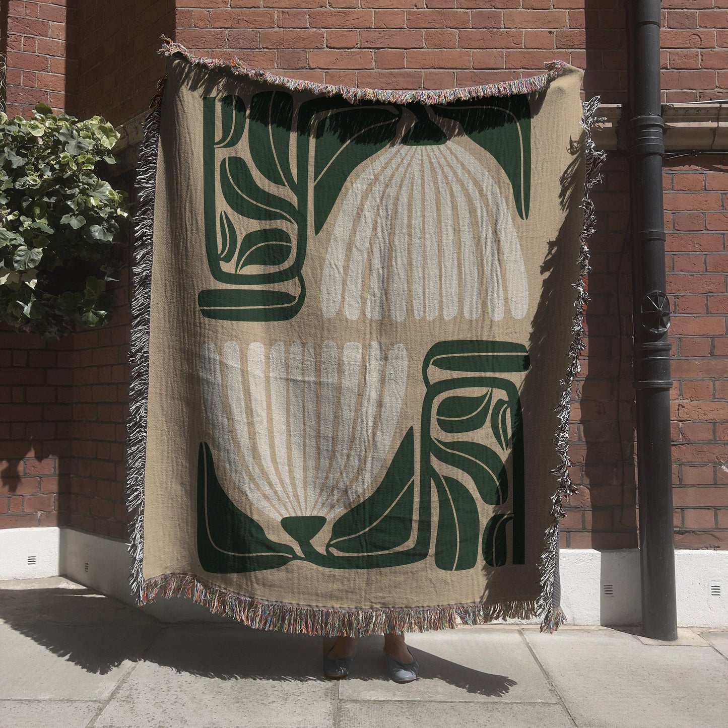 Beige Green 60s Hippie Matisse Floral Woven Blankets