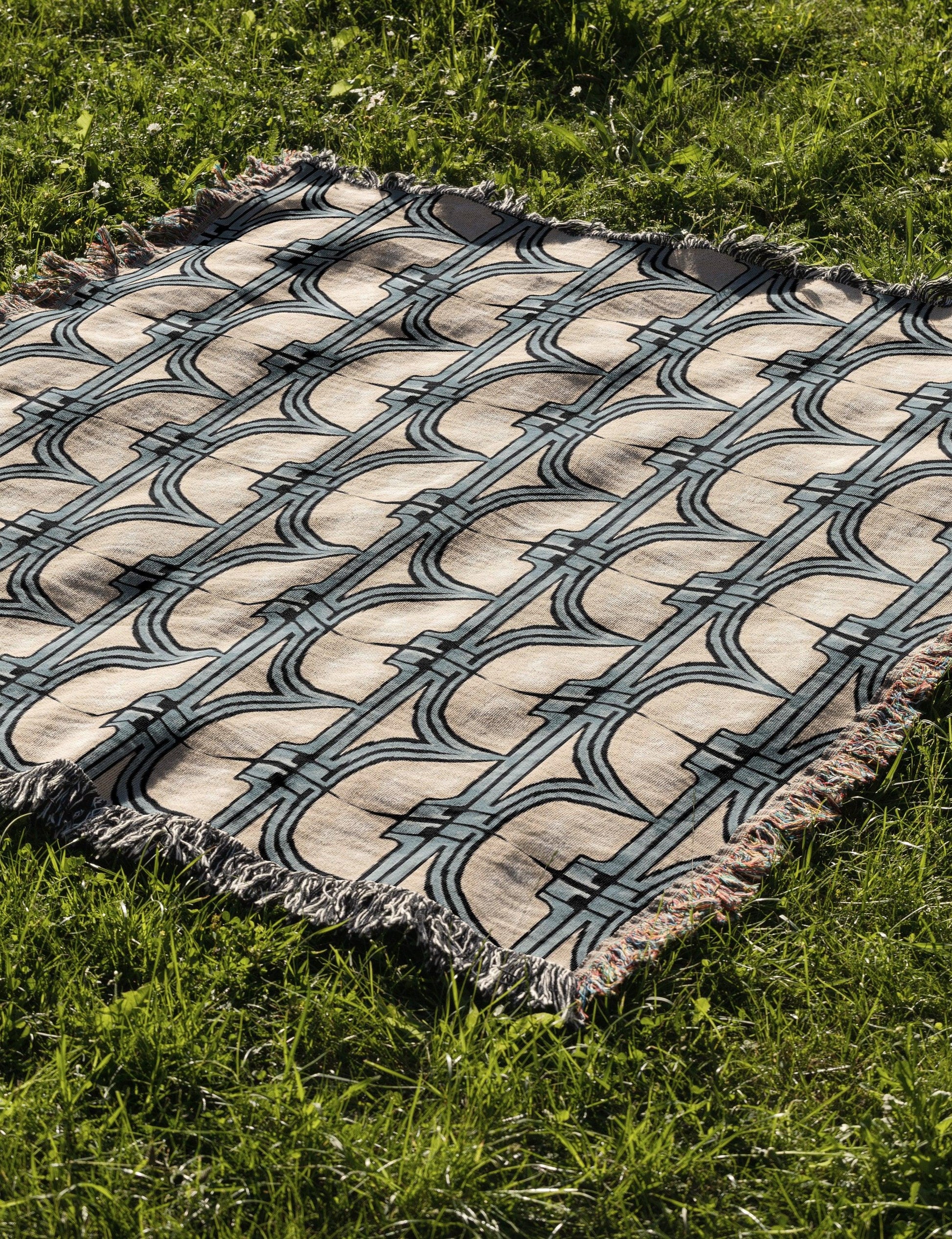 Baby Blue And Beige 1920s Pattern Woven Blankets