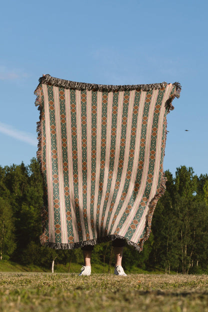 1970s Vintage Pattern Beige Brown And Green Woven Cotton Throw Blankets
