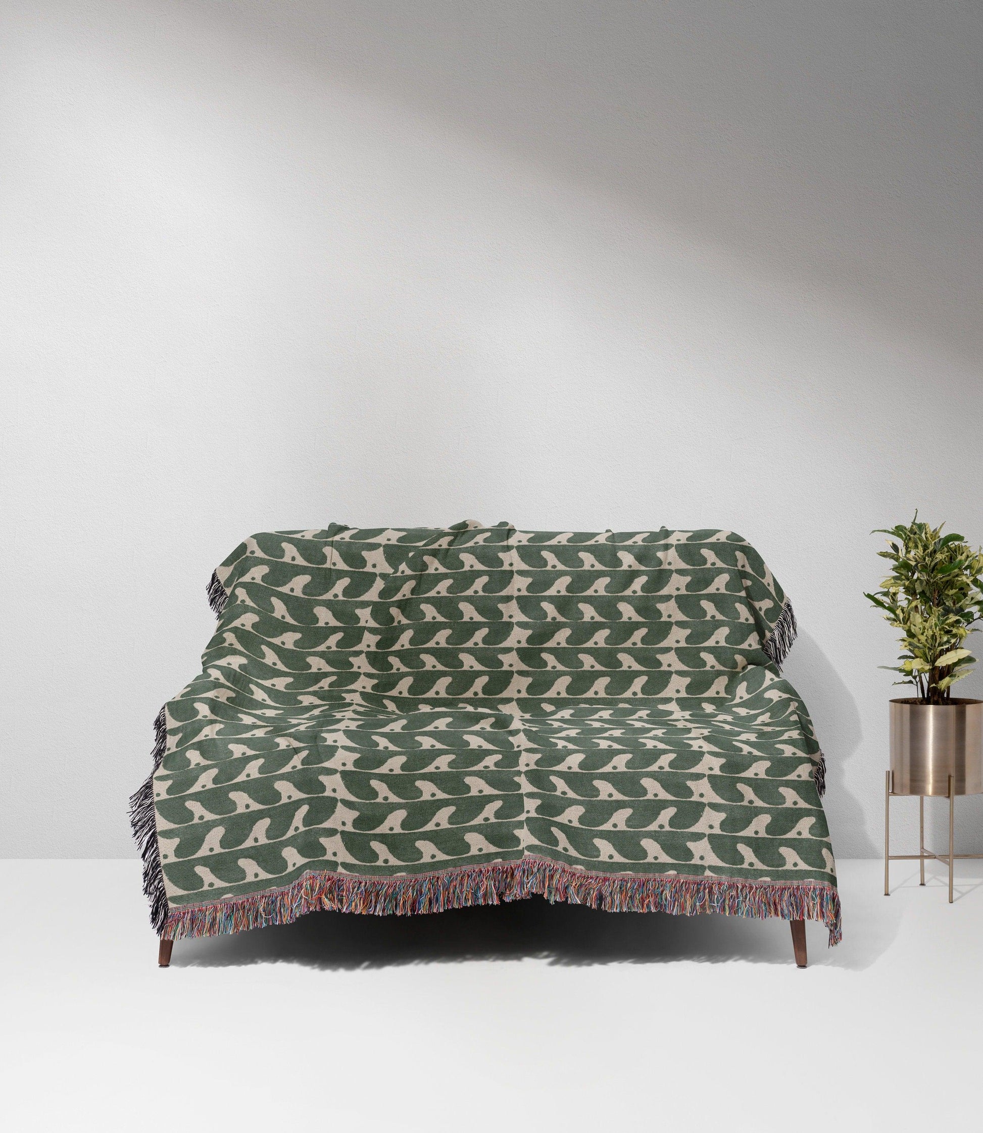 Bohemian Beige And Green Waves Woven Cotton Throw Blankets