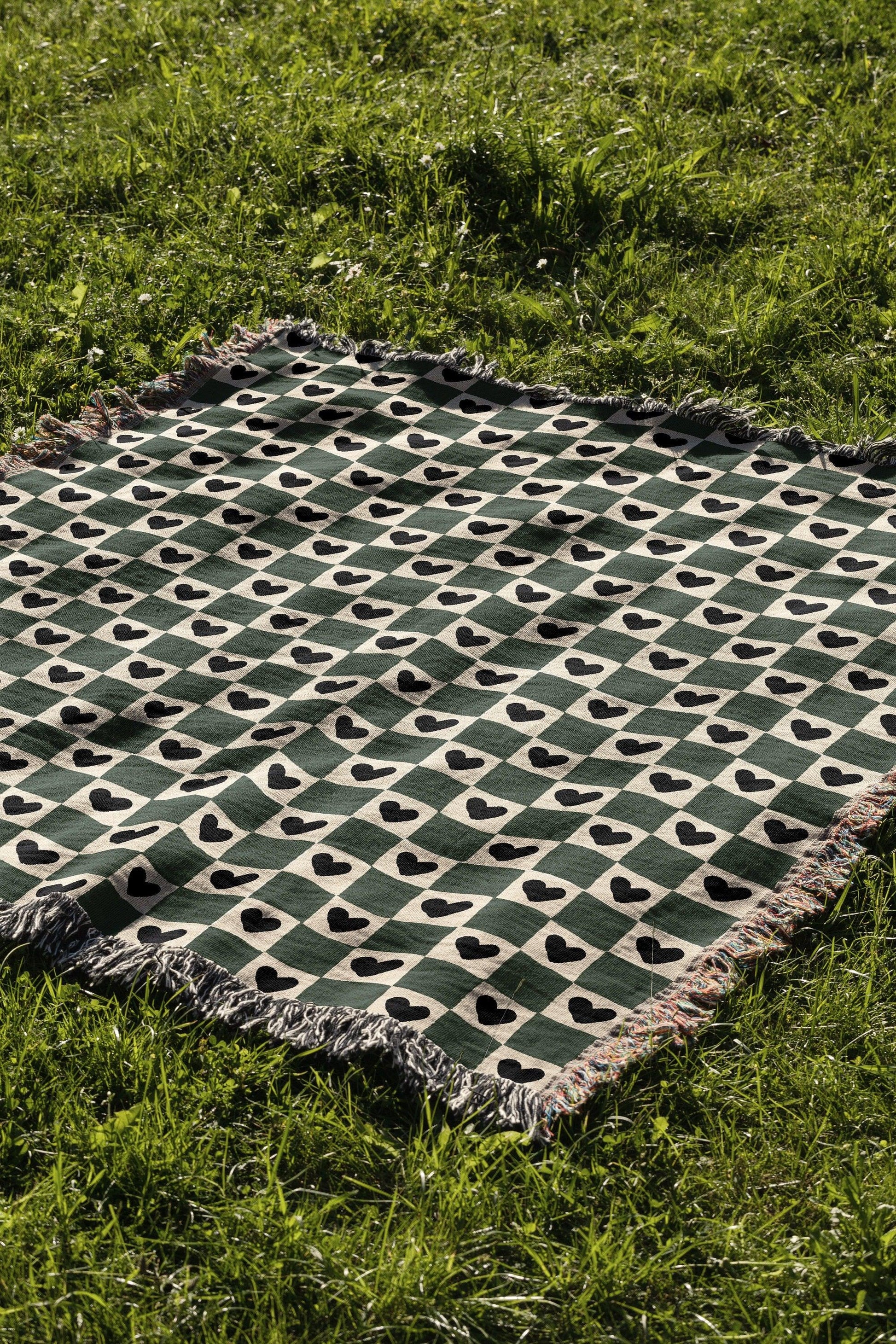 Green Beige Checker Hearts Bohemian Woven Cotton Throw Blankets