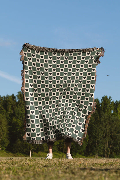 Green Beige Checker Hearts Bohemian Woven Cotton Throw Blankets