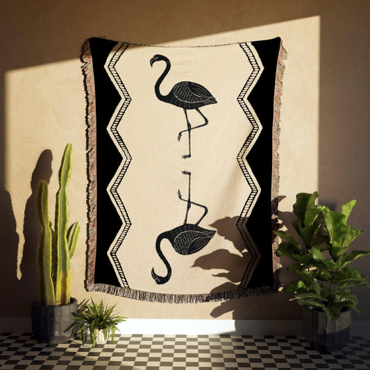 Black And Beige Art Deco Flamingo Woven Cotton Throw Blankets