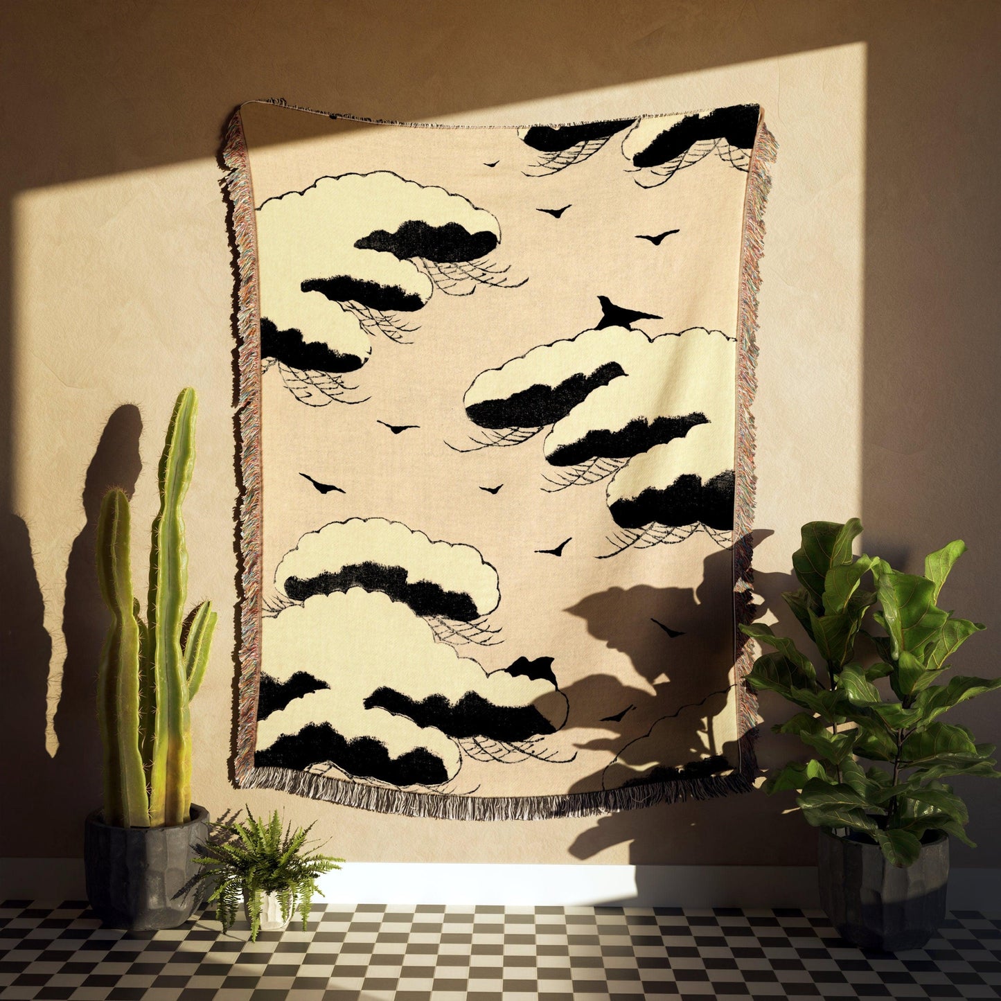 Birds And Clouds Vintage Woven Cotton Throw Blankets