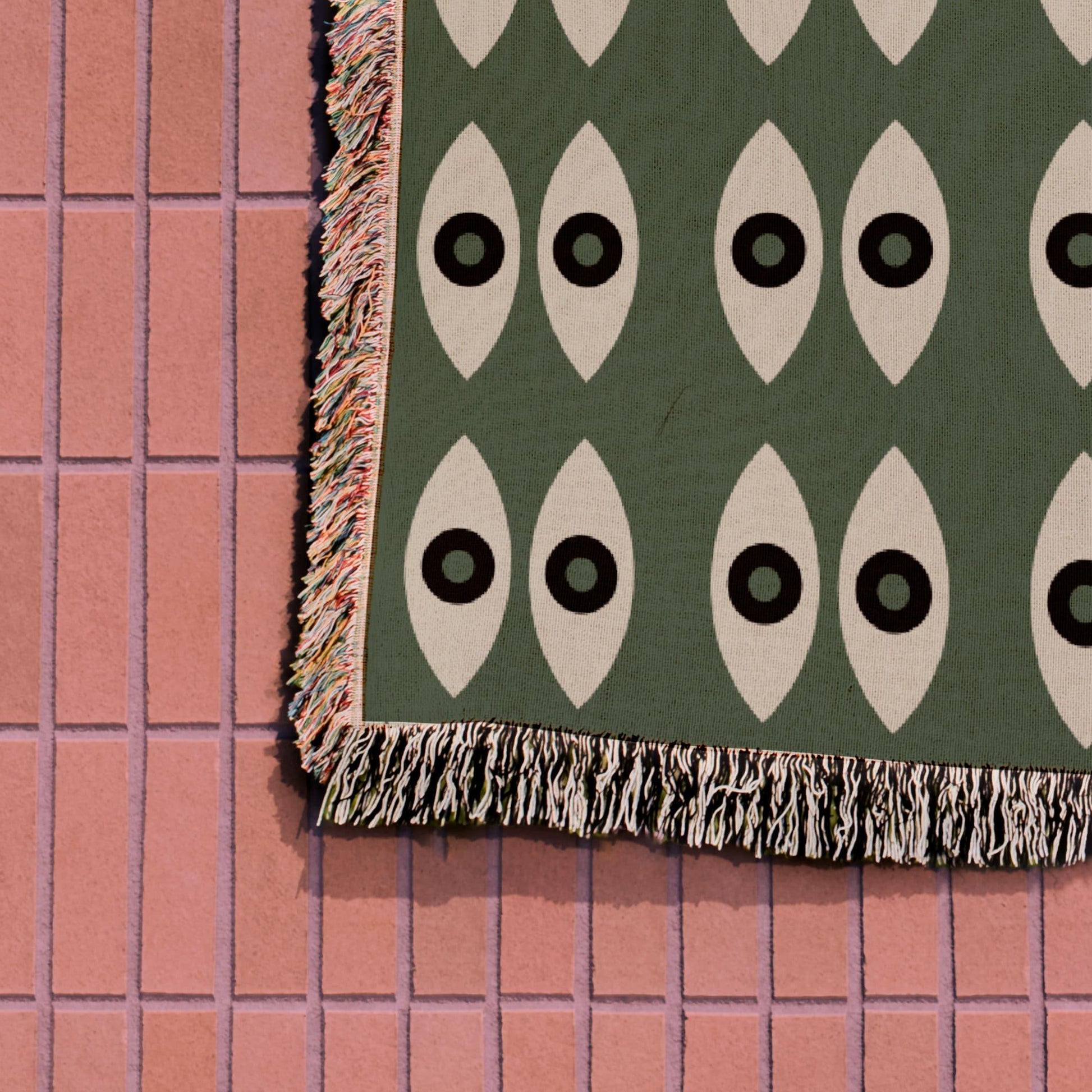 Bauhaus Green Black And Beige Eye Pattern Woven Blankets