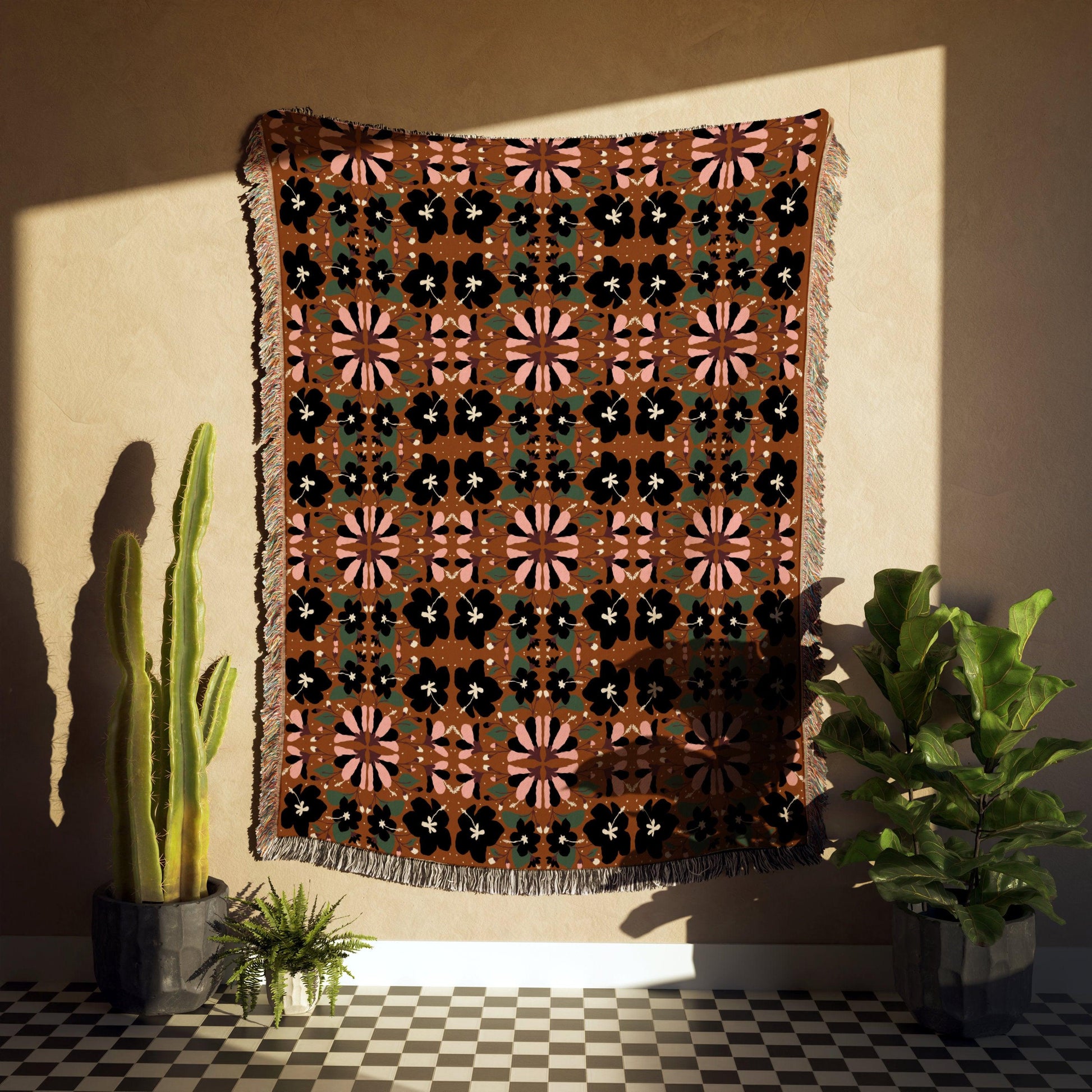 Dark Green Brown Black And Pink Scandi Floral Woven Cotton Blankets