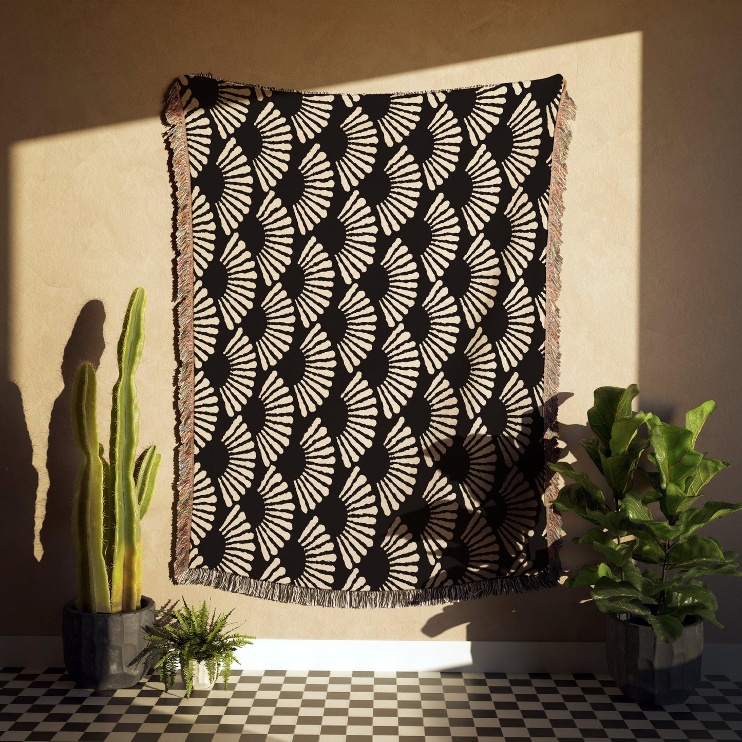 Black And Beige Fan Pattern Woven Blankets