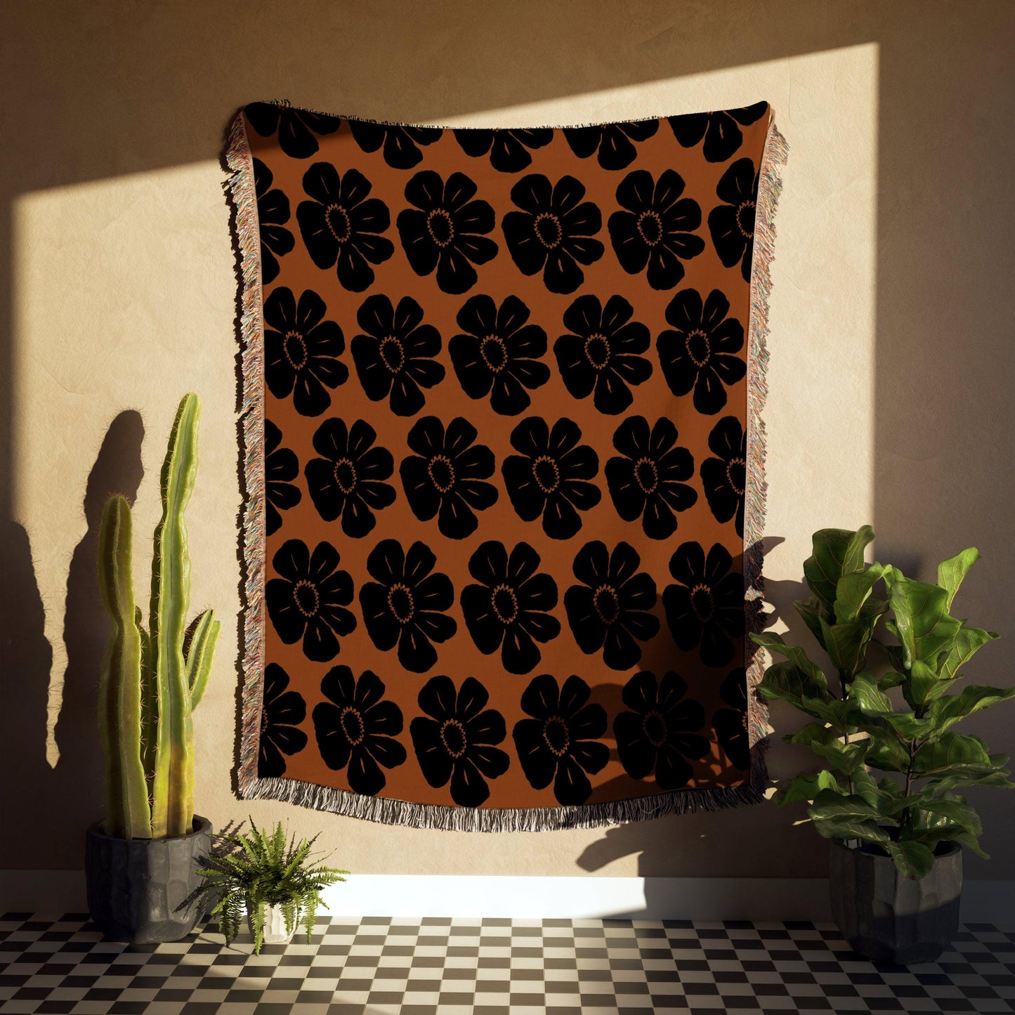 Brown And Black Matisse Flower Woven Cotton Blankets