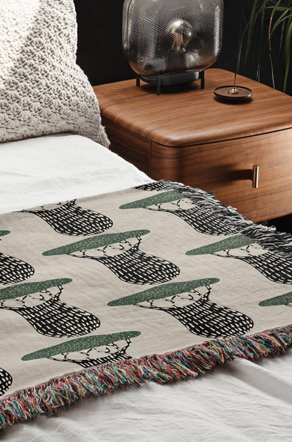 Baobab Pattern Beige Green Black Woven Cotton Blankets