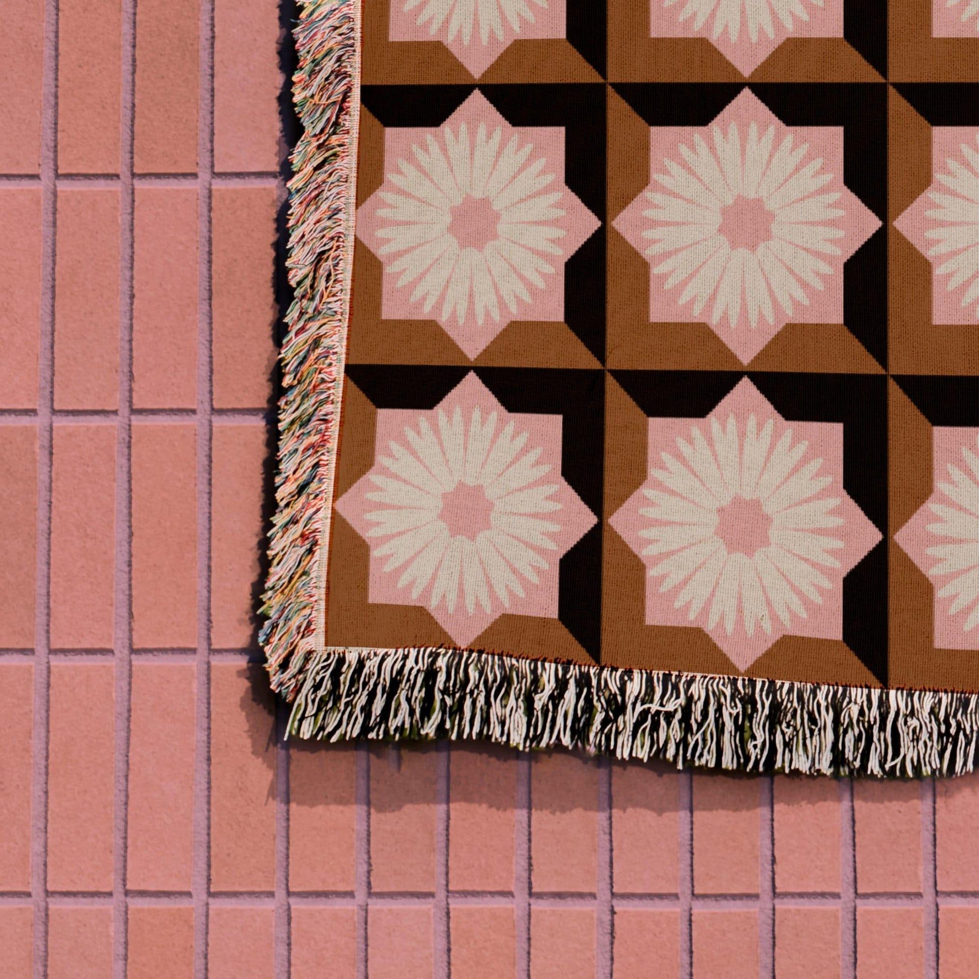 Pink Brown And Black Modern Floral Woven Cotton Blankets