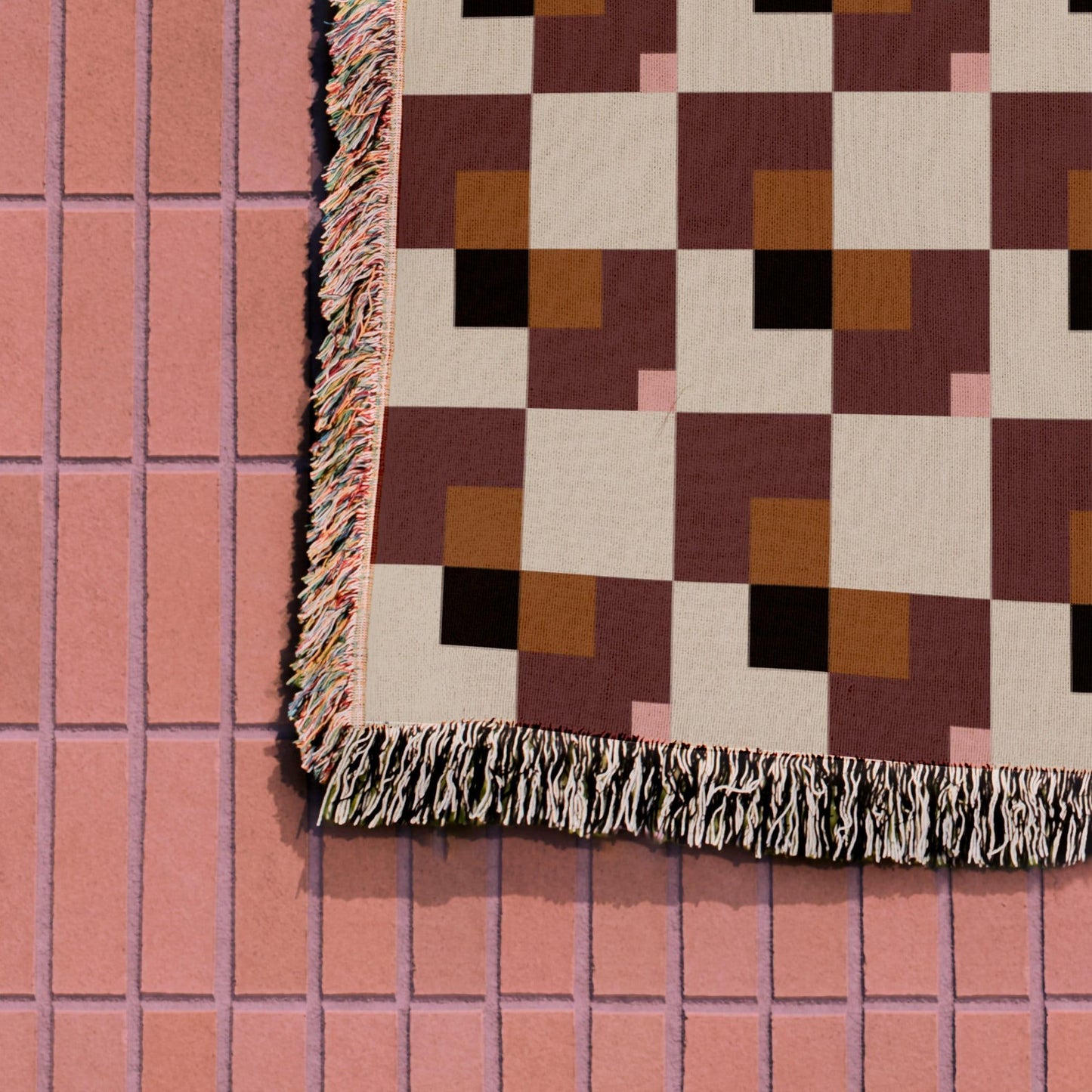 Brown Pink Black Beige Bauhaus Checkered Woven Cotton Blankets