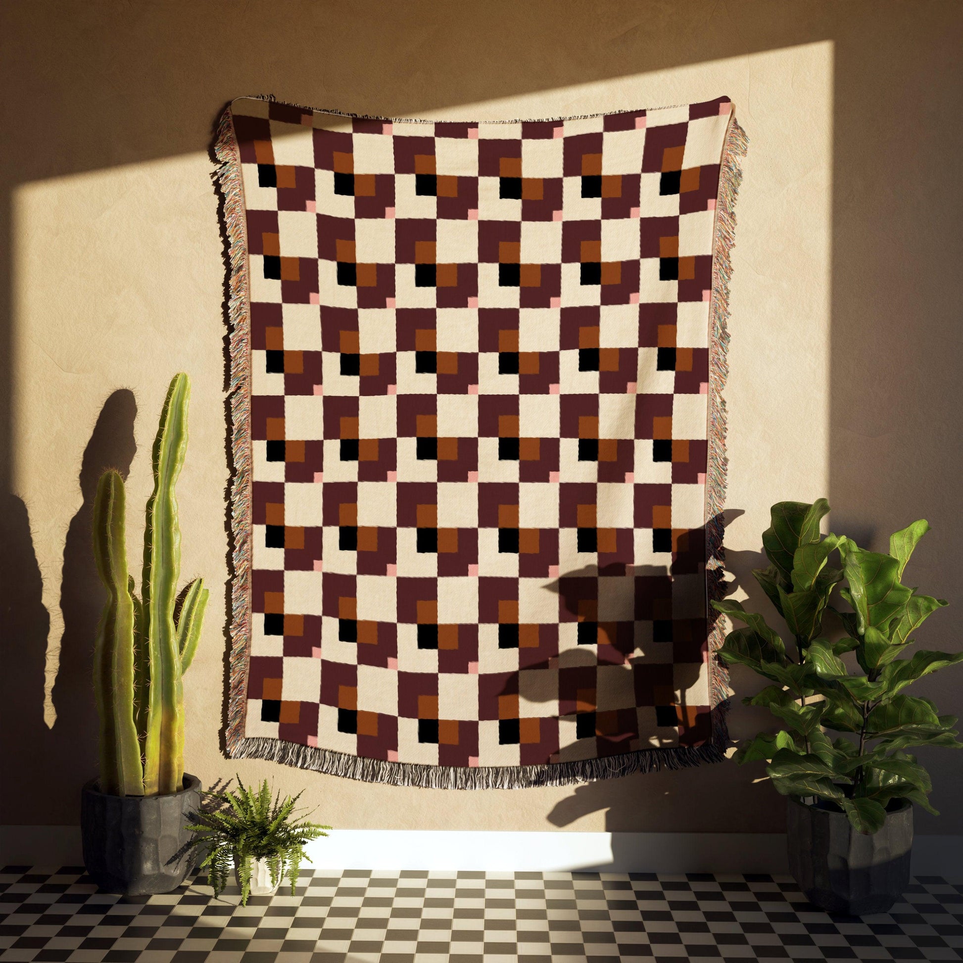 Brown Pink Black Beige Bauhaus Checkered Woven Cotton Blankets