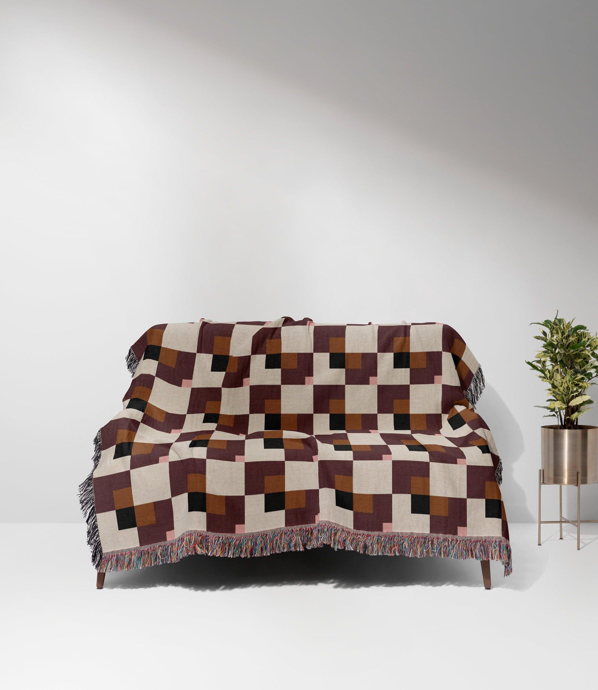 Brown Pink Black Beige Bauhaus Checkered Woven Cotton Blankets