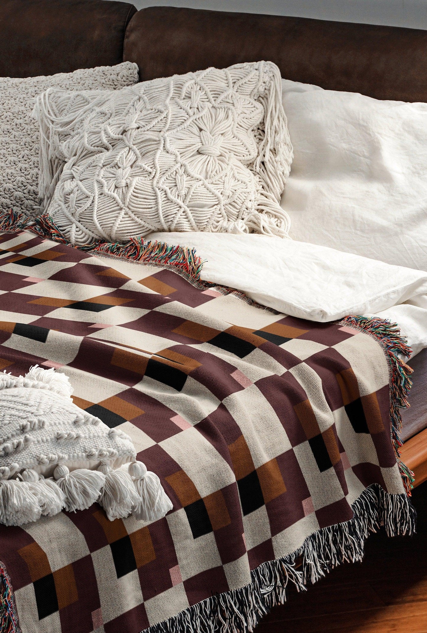 Brown Pink Black Beige Bauhaus Checkered Woven Cotton Blankets