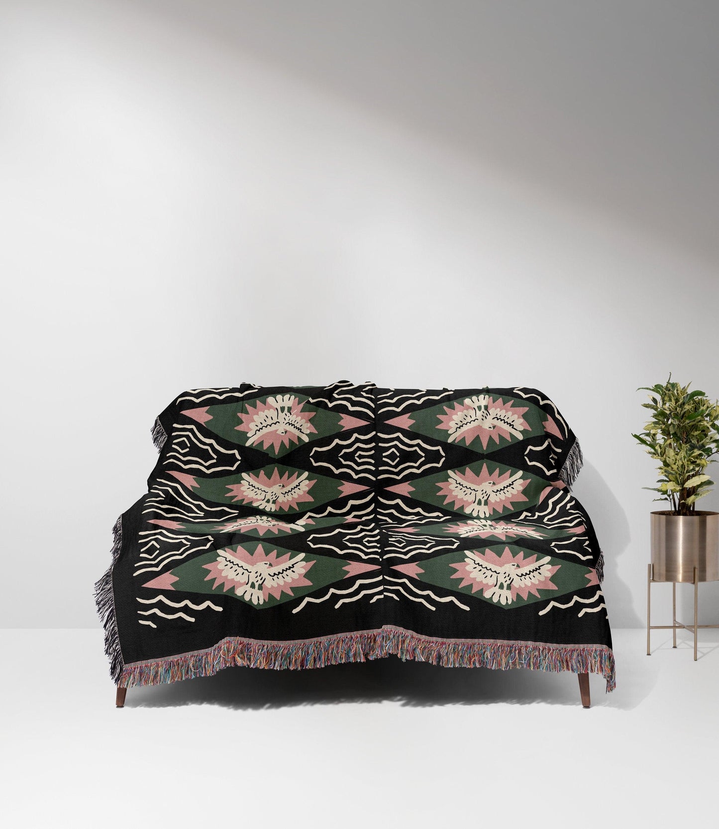 Boho Eclectic Dark Pink And Green Bird Woven Blankets