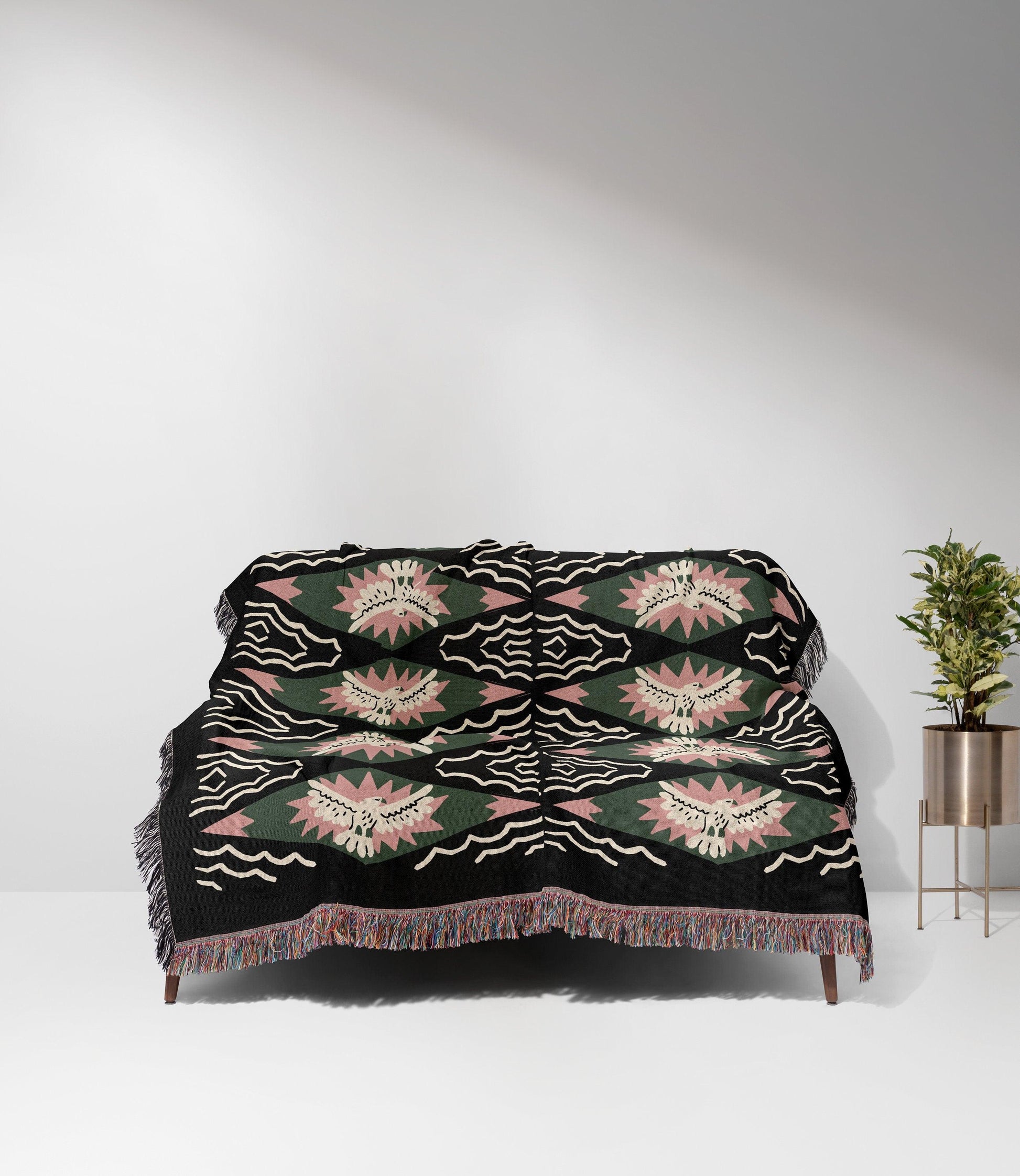 Boho Eclectic Dark Pink And Green Bird Woven Blankets