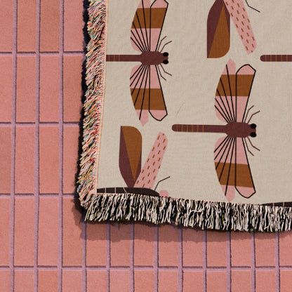 Pink Brown Black Beige Dragonfly Woven Cotton Blankets