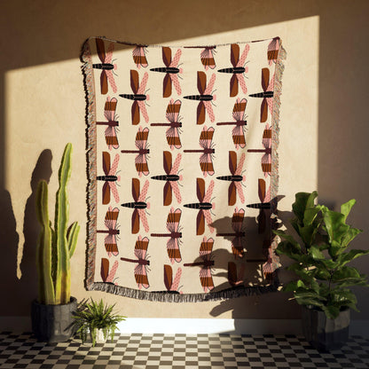 Pink Brown Black Beige Dragonfly Woven Cotton Blankets