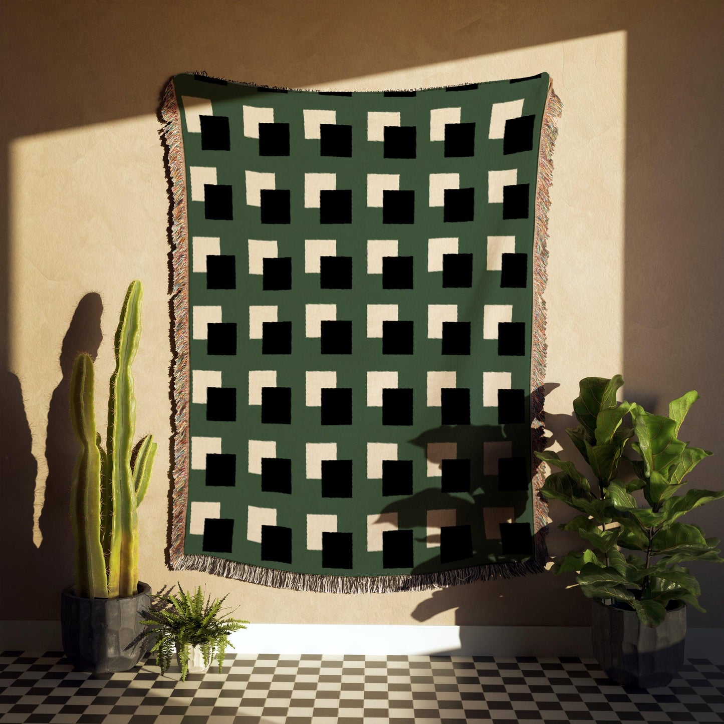 Green Beige And Black Geometric Squares Woven Blankets