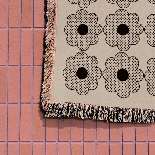 Beige And Black Halftone Groovy Flower Woven Blankets