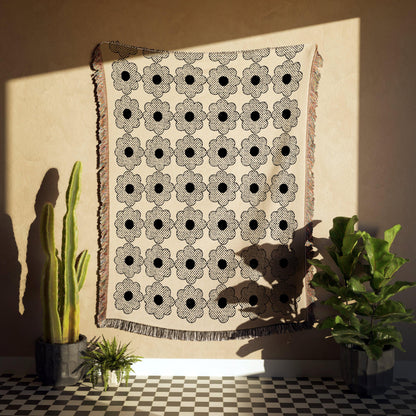 Beige And Black Halftone Groovy Flower Woven Blankets