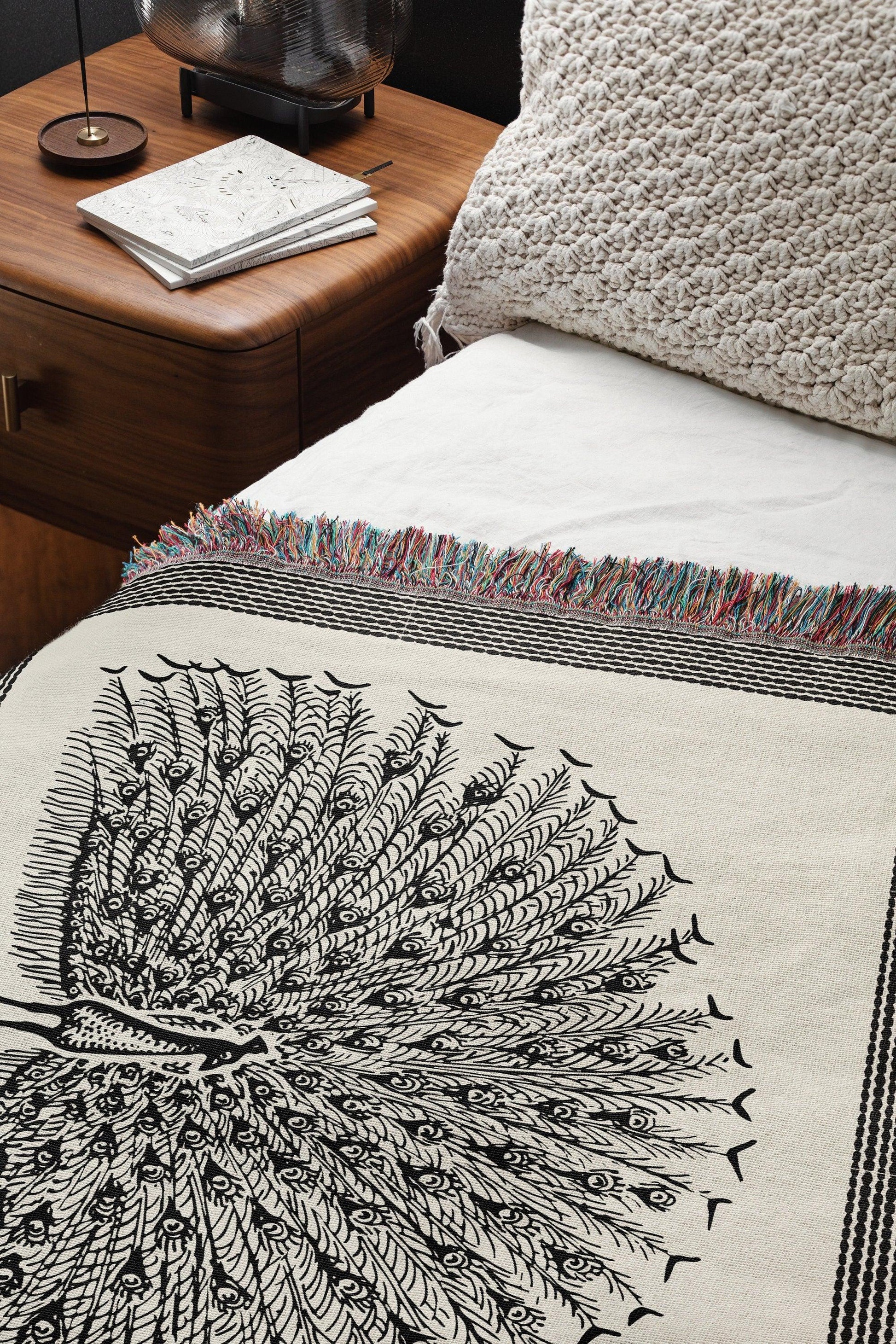 Black And Beige Peacock Woven Blankets