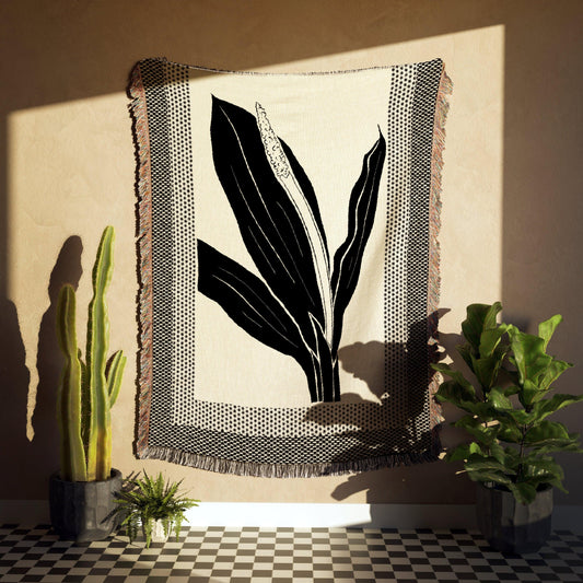 Framed Minimalist Black And Beige Floral Woven Blankets