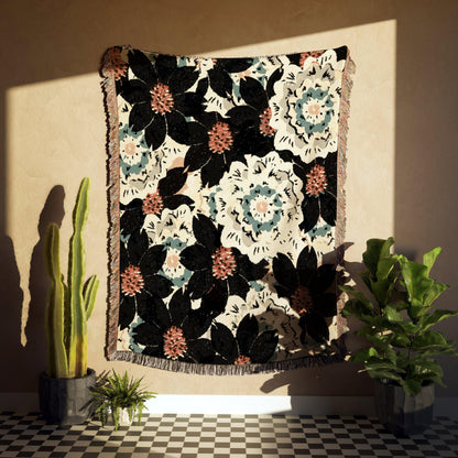 Black And Beige Floral Collage Woven Blankets