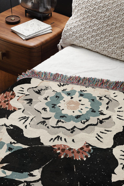 Black And Beige Floral Collage Woven Blankets