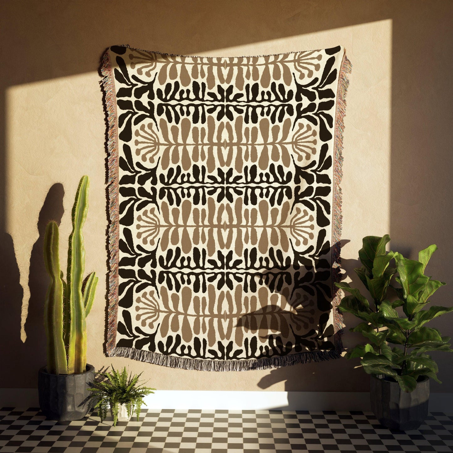 Black And Beige Floral Ink Blot Matisse Woven Blankets