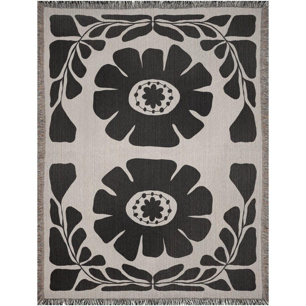 Black Beige Matisse Style Bohemian Flower Woven Cotton Throw Blankets