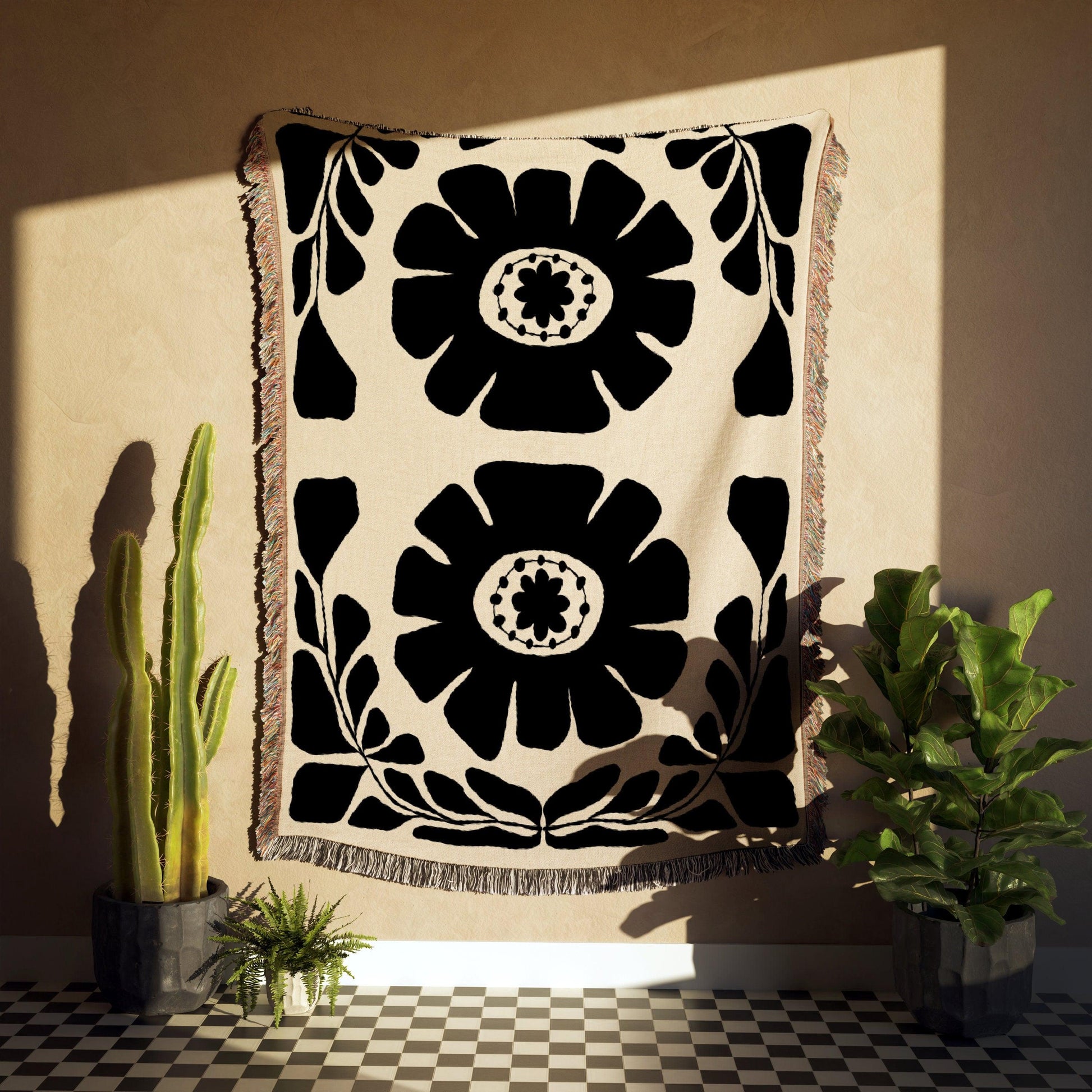 Black Beige Matisse Style Bohemian Flower Woven Cotton Throw Blankets