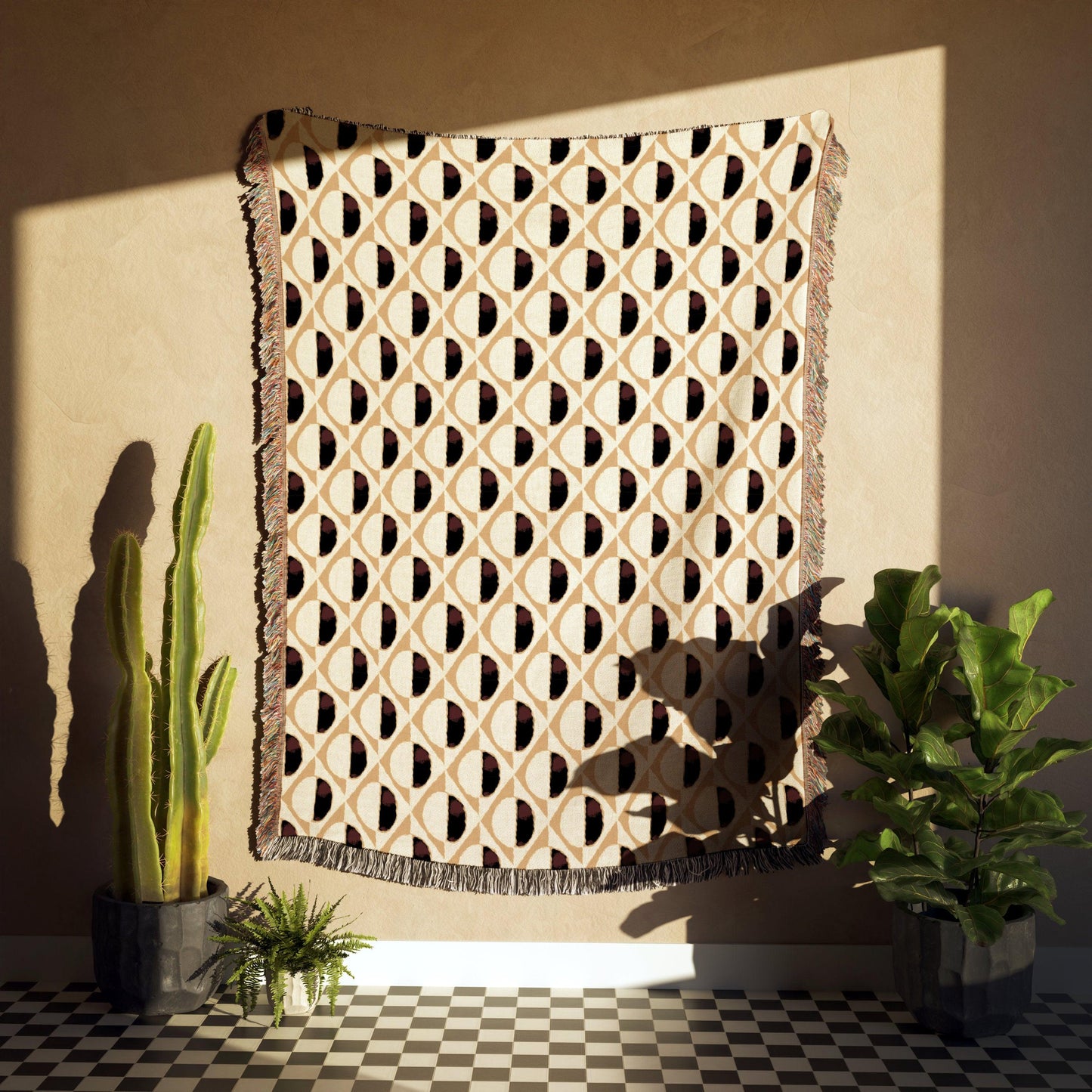 1970s Beige Black Maroon Geometric Pattern Woven Blankets