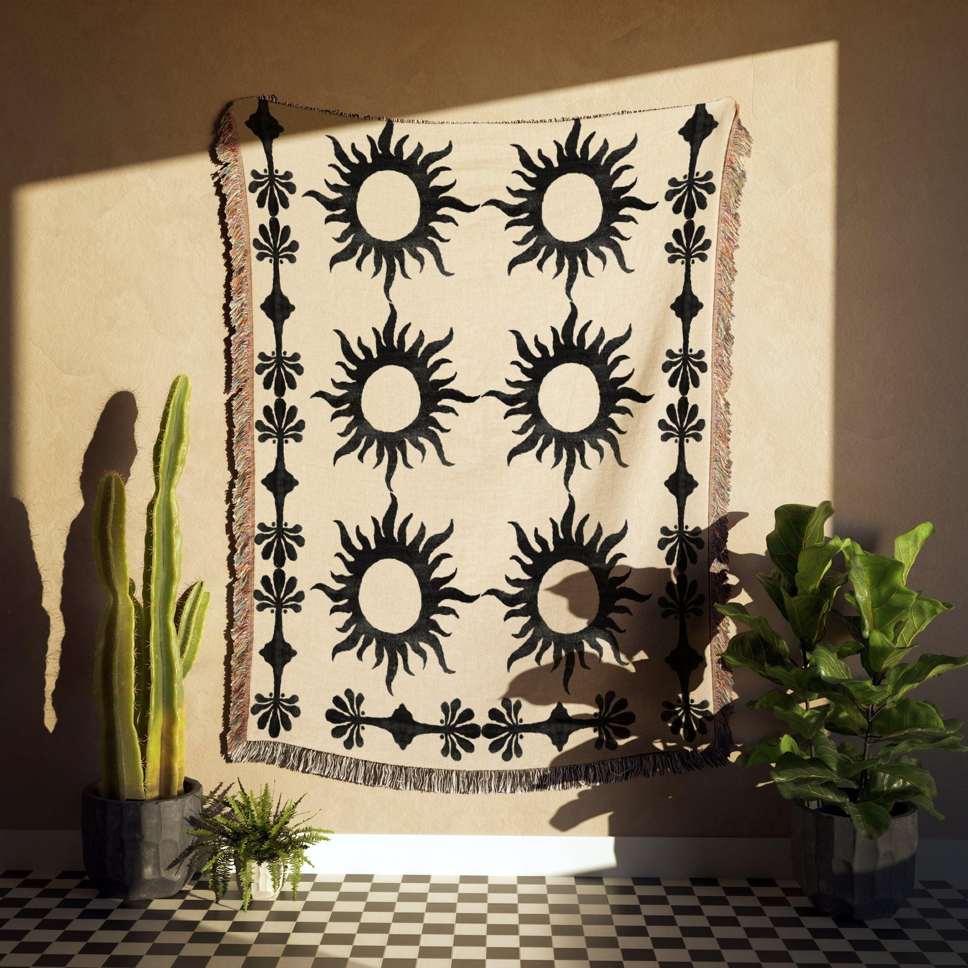 Black Beige Bohemian Sun Palm Tree Woven Cotton Throw Blankets