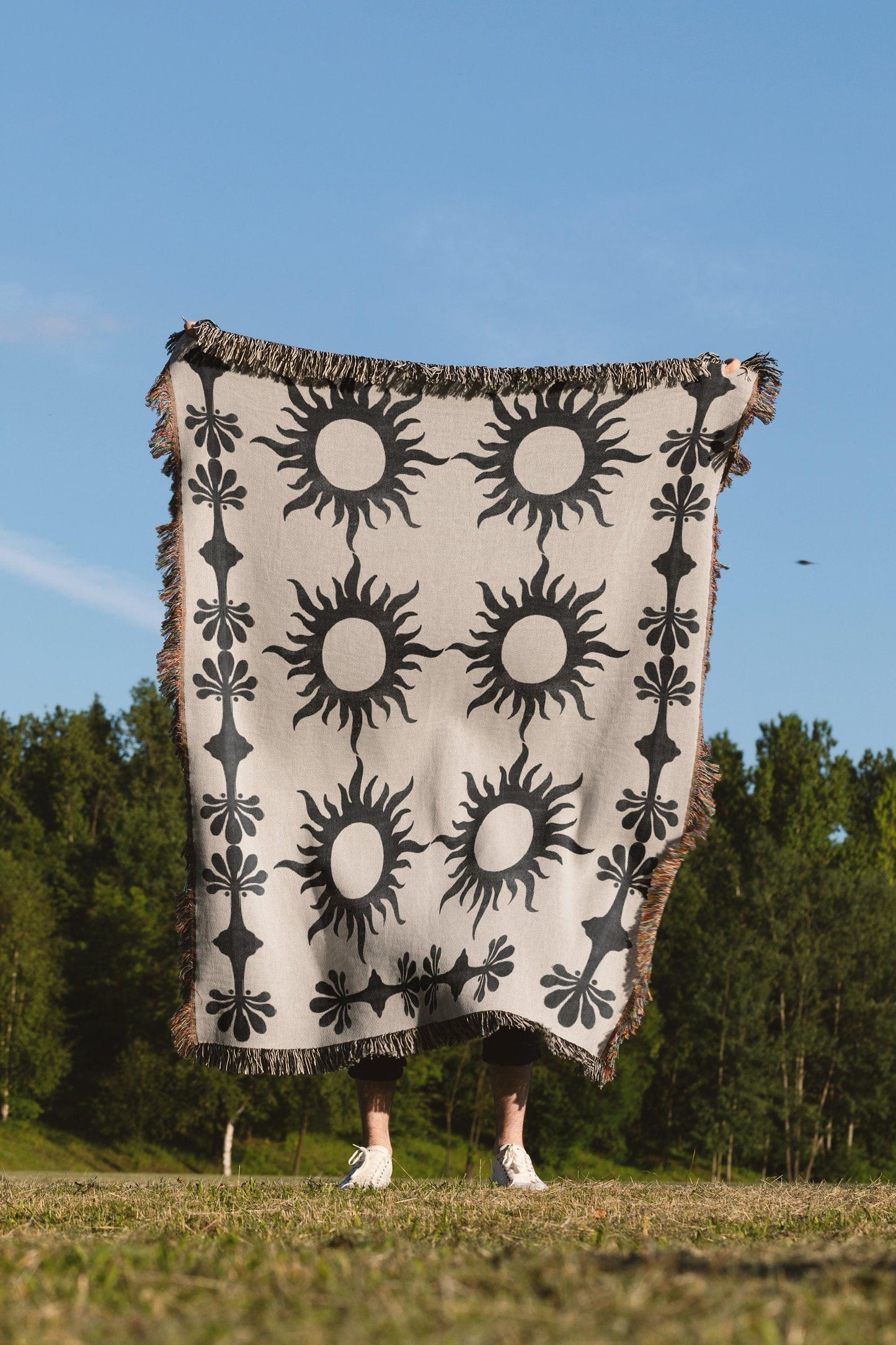 Black Beige Bohemian Sun Palm Tree Woven Cotton Throw Blankets