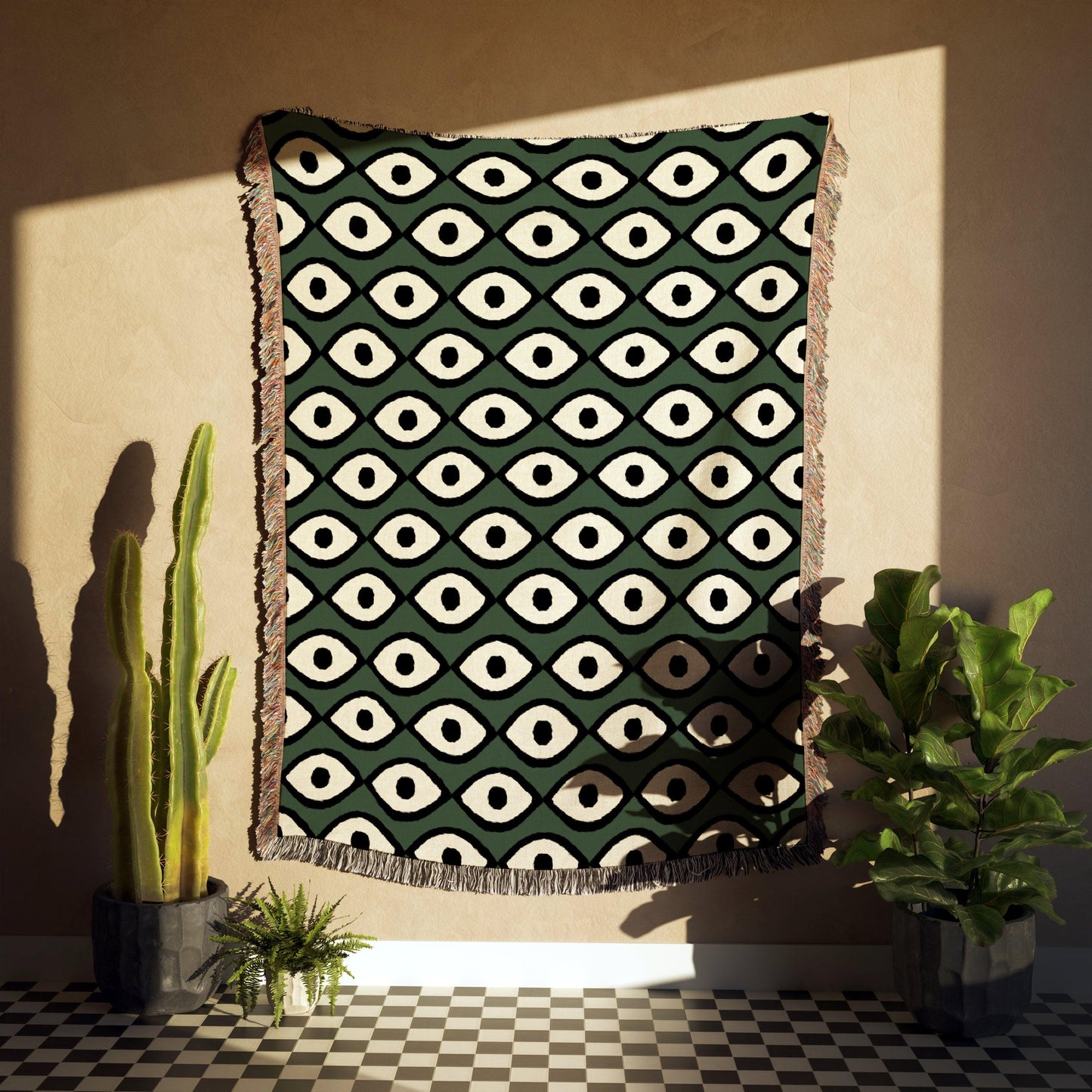 Bohemian 1970s Green Eyes Pattern Woven Cotton Throw Blankets