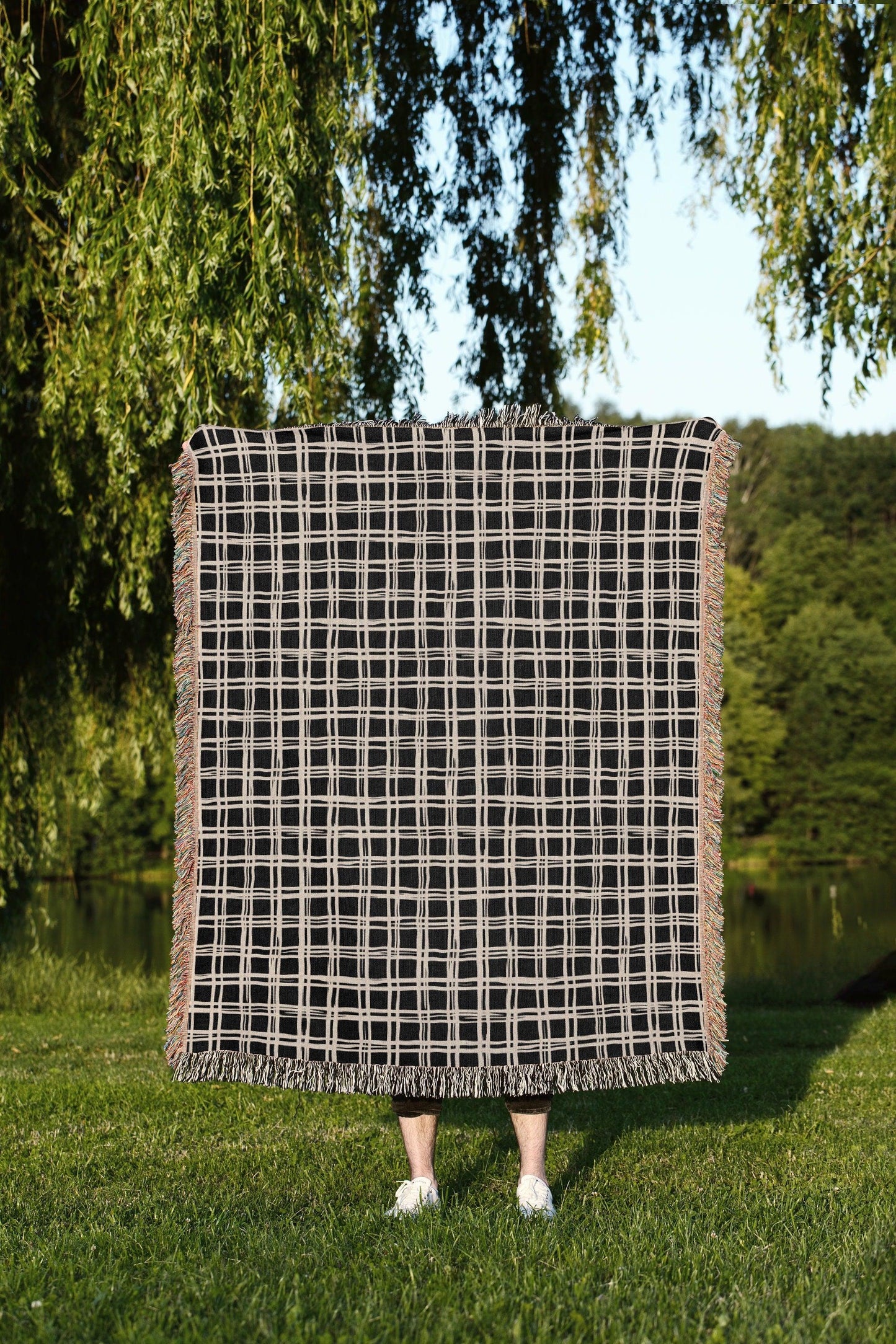 Black And Beige Plaid Woven Cotton Throw Blankets